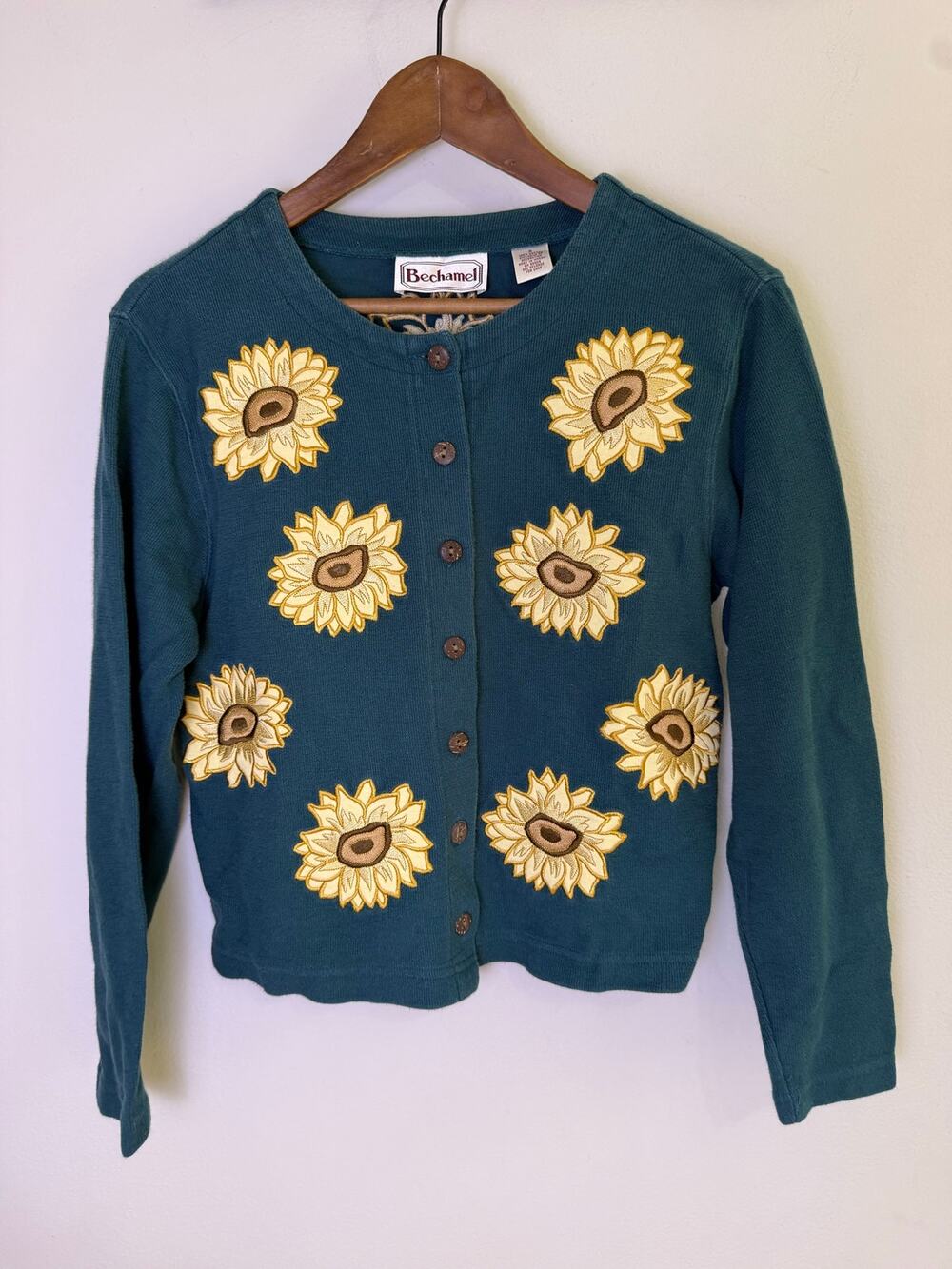 Vintage 90s Bechamel Sunflower Embroidered Cardigan Teal Cottagecore Small